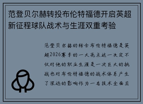 范登贝尔赫转投布伦特福德开启英超新征程球队战术与生涯双重考验