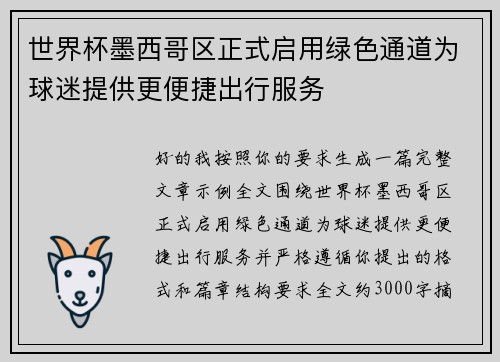 世界杯墨西哥区正式启用绿色通道为球迷提供更便捷出行服务